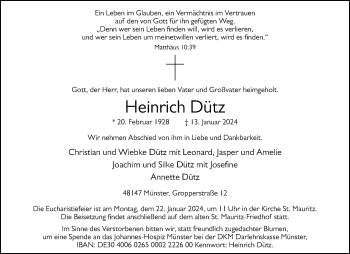 Anzeige von Heinrich Dütz 