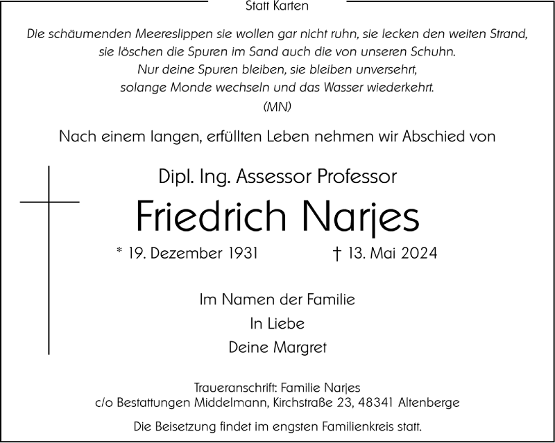 Traueranzeige für Friedrich Narjes vom 25.05.2024 aus 