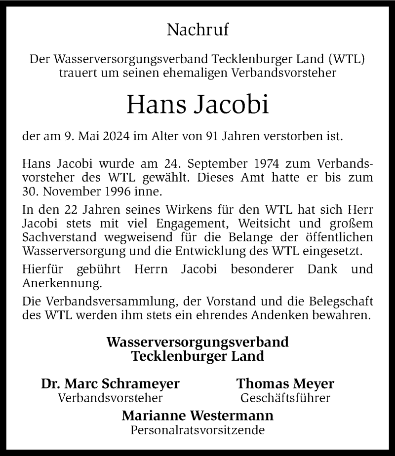  Traueranzeige für Hans Jacobi vom 16.05.2024 aus 