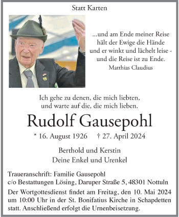 Anzeige von Rudolf Gausepohl 
