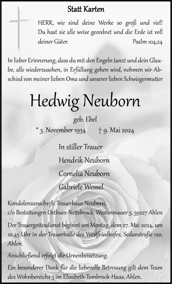 Anzeige von Hedwig Neuborn 