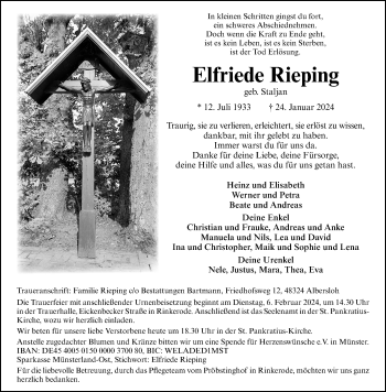 Anzeige von Elfriede Rieping 