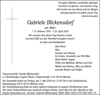 Anzeige von Gabriele Blickensdorf 