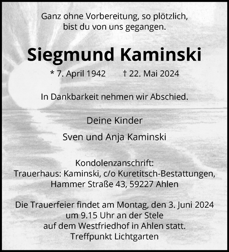 Traueranzeige für Siegmund Kaminski vom 25.05.2024 aus 