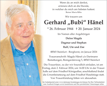 Anzeige von Gerhard Hänel 
