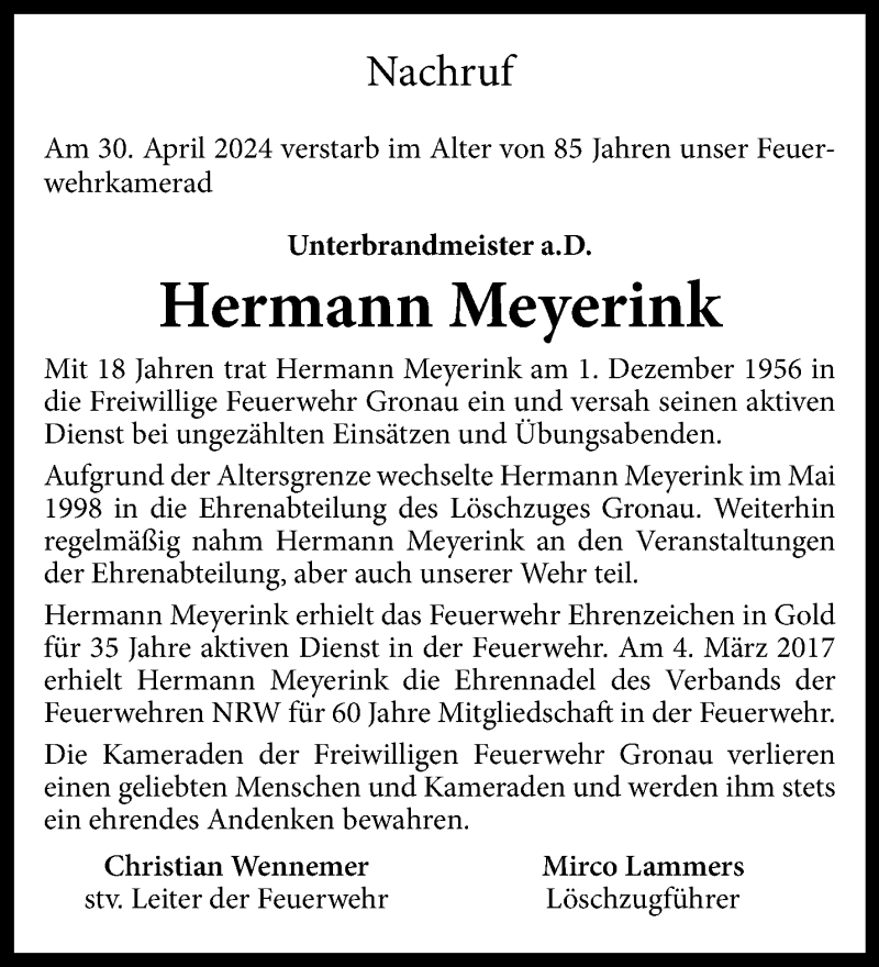  Traueranzeige für Hermann Meyerink vom 09.05.2024 aus 