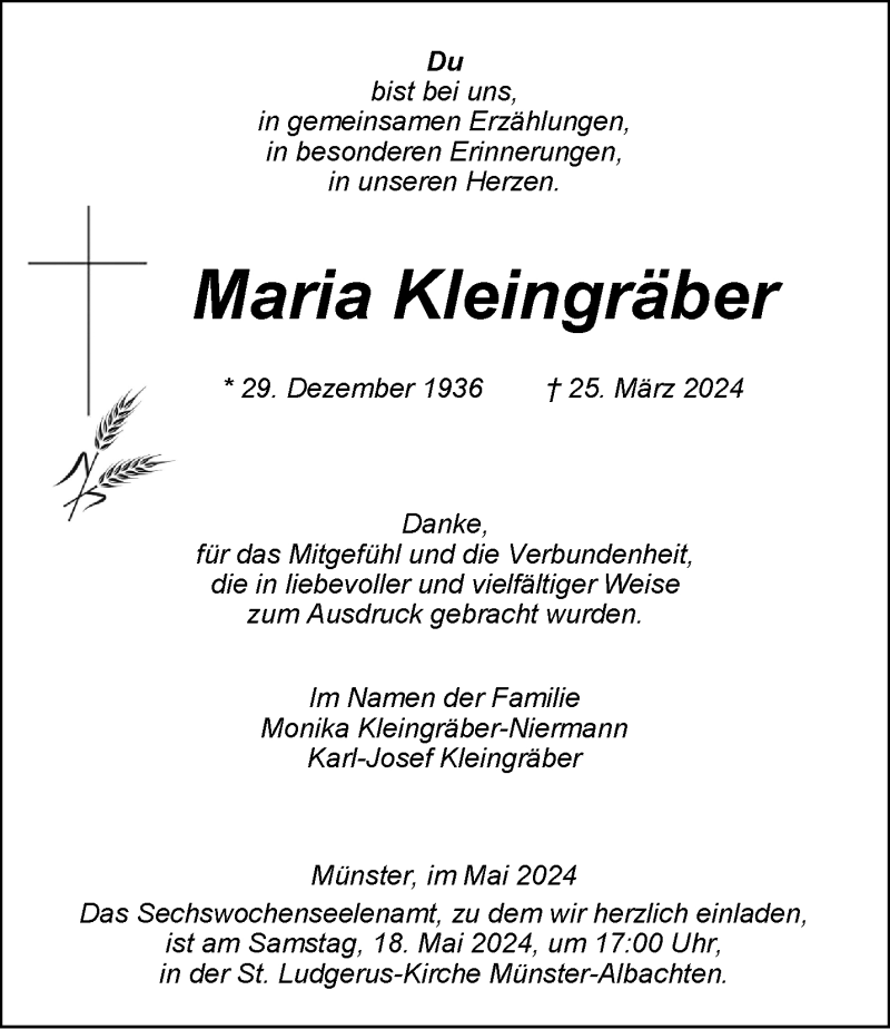  Traueranzeige für Maria Kleingräber vom 11.05.2024 aus 