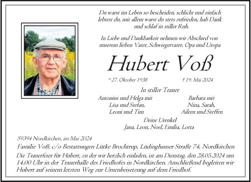 Traueranzeige für Hubert Voß vom 25.05.2024 aus 