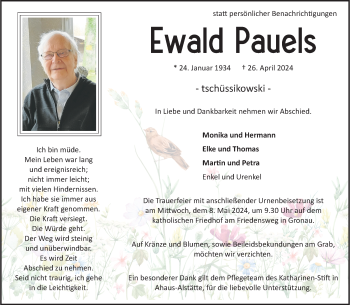 Anzeige von Ewald Pauels 