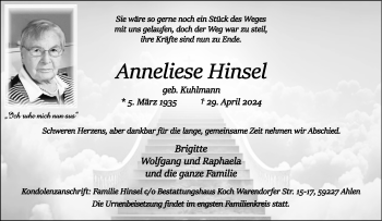 Anzeige von Anneliese Hinsel 