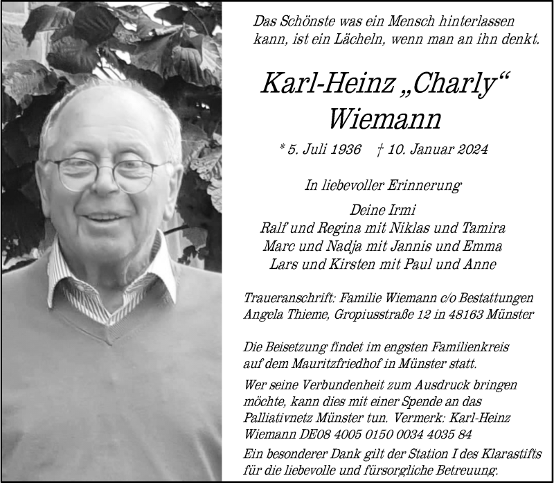  Traueranzeige für Karl-Heinz Wiemann vom 17.01.2024 aus 