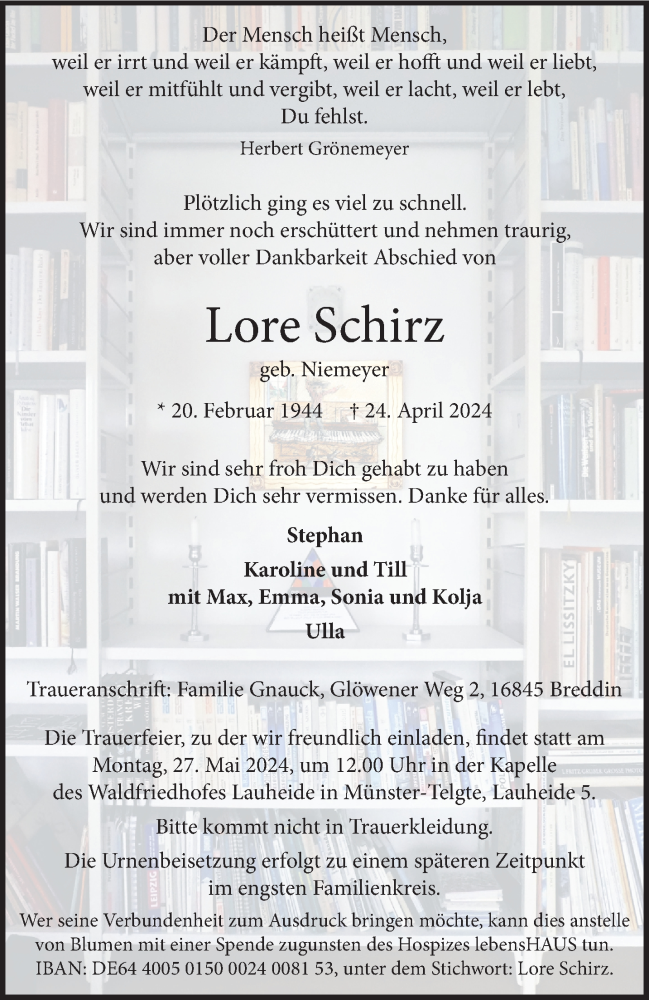  Traueranzeige für Lore Schirz vom 11.05.2024 aus 