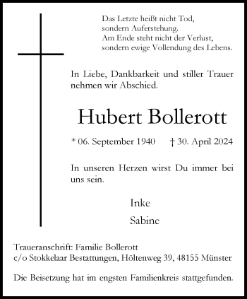 Anzeige von Hubert Bollerott 