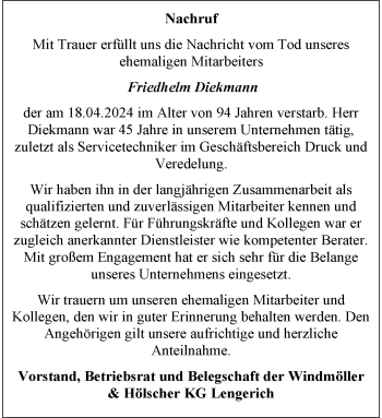 Anzeige von Friedhelm Diekmann 