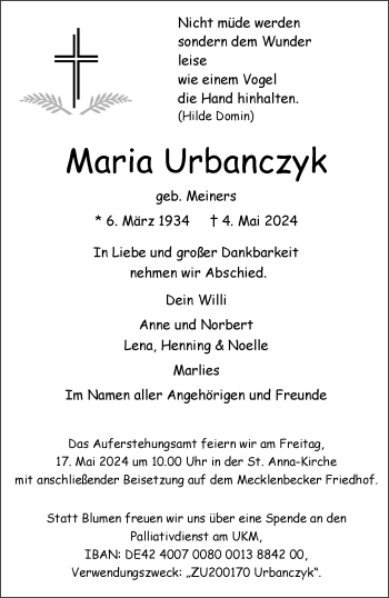 Anzeige von Maria Urbanczyk 