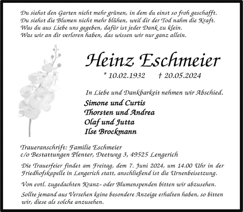  Traueranzeige für Heinz Eschmeier vom 25.05.2024 aus 