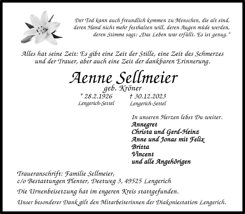  Traueranzeige für Aenne Sellmeier vom 20.01.2024 aus 