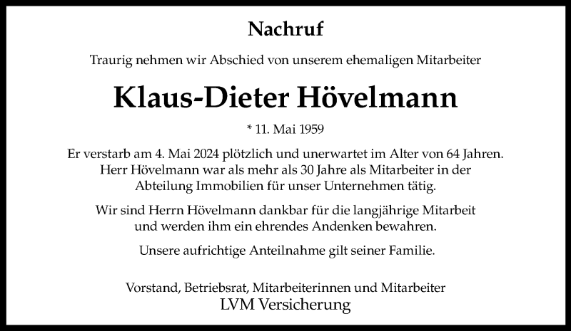  Traueranzeige für Klaus-Dieter Hövelmann vom 11.05.2024 aus 