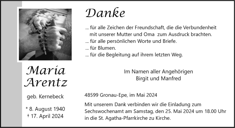  Traueranzeige für Maria Arentz vom 18.05.2024 aus 