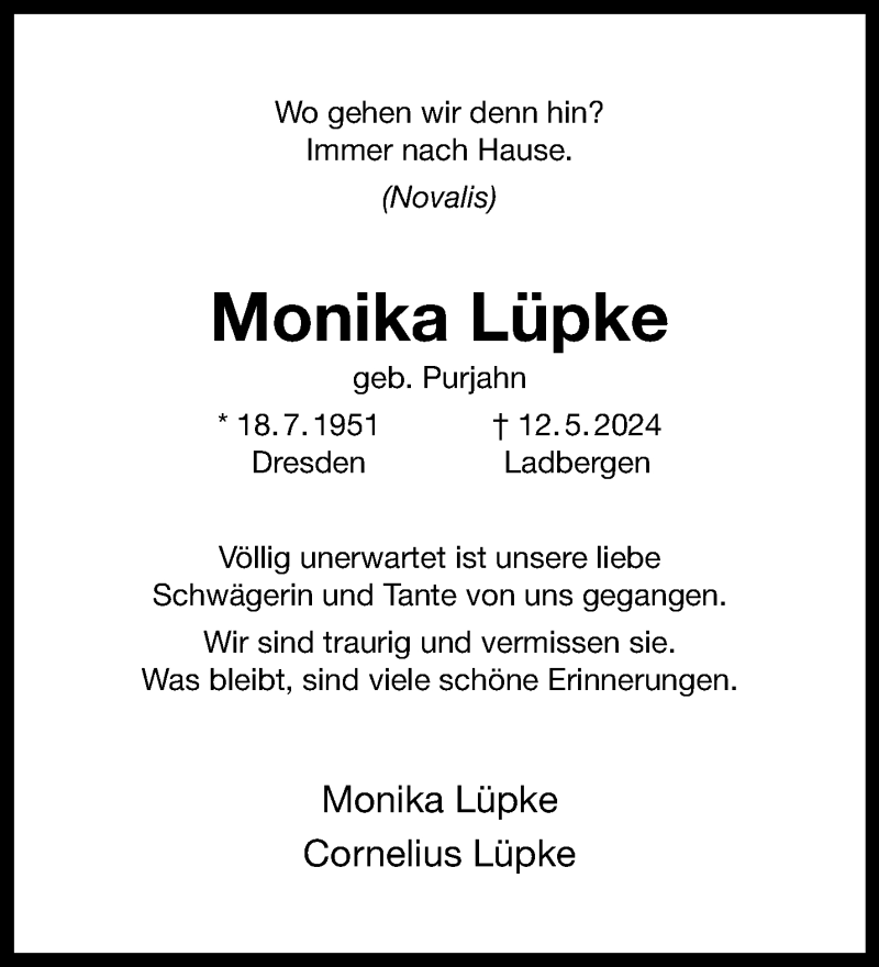  Traueranzeige für Monika Lüpke vom 25.05.2024 aus 