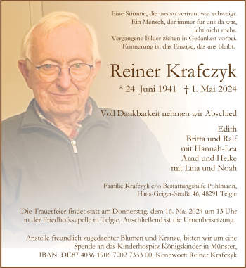 Anzeige von Reiner Krafczyk 