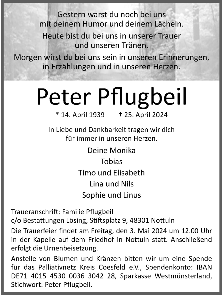  Traueranzeige für Peter Pflugbeil vom 01.05.2024 aus 
