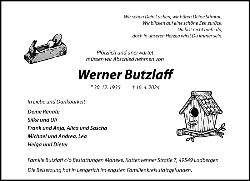  Traueranzeige für Werner Butzlaff vom 04.05.2024 aus 