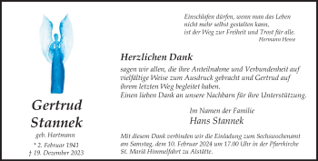 Anzeige von Gertrud Stannek 