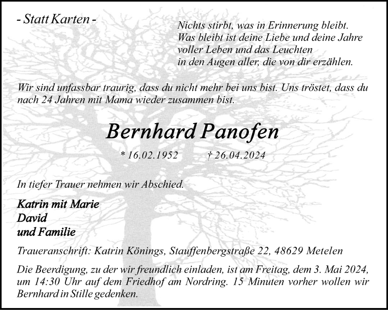  Traueranzeige für Bernhard Panofen vom 01.05.2024 aus 