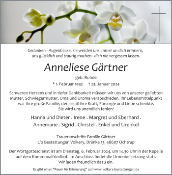 Anzeige von Anneliese Gärtner 