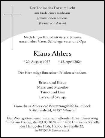 Anzeige von Klaus Ahlers 
