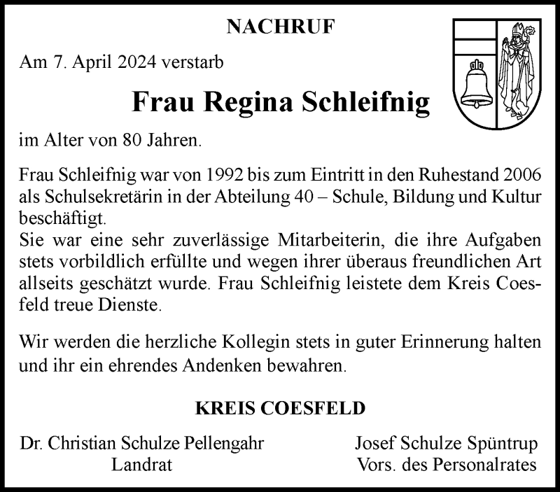  Traueranzeige für Regina Schleifnig vom 01.05.2024 aus 