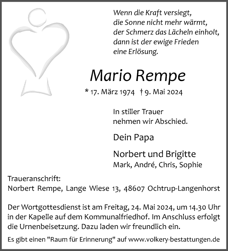  Traueranzeige für Mario Rempe vom 14.05.2024 aus 