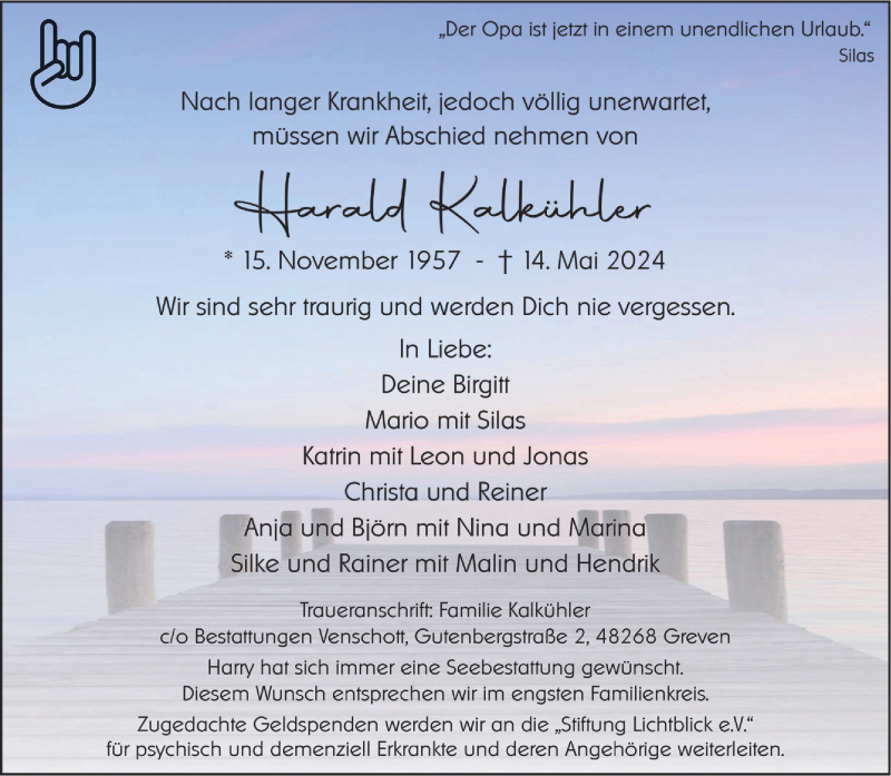  Traueranzeige für Harald Kalkühler vom 22.05.2024 aus 