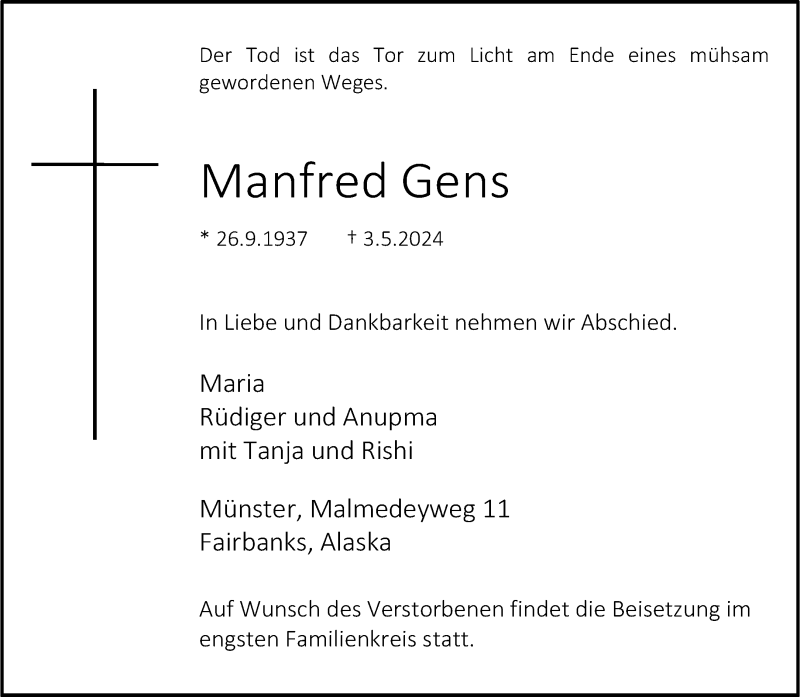 Traueranzeige für Manfred Gens vom 11.05.2024 aus 