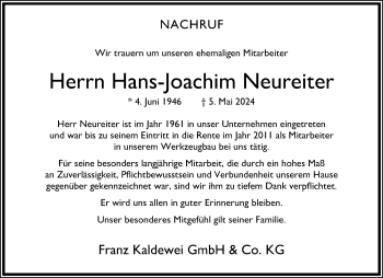 Anzeige von Hans-Joachim Neureiter 