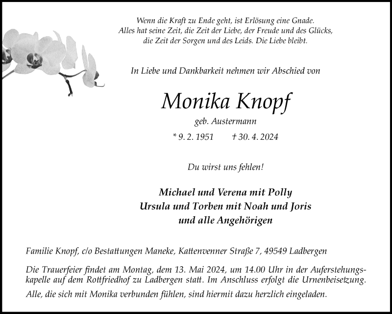  Traueranzeige für Monika Knopf vom 04.05.2024 aus 