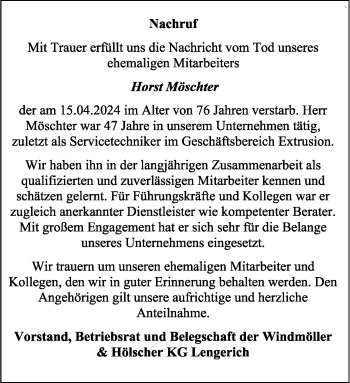 Anzeige von Horst Möschter 