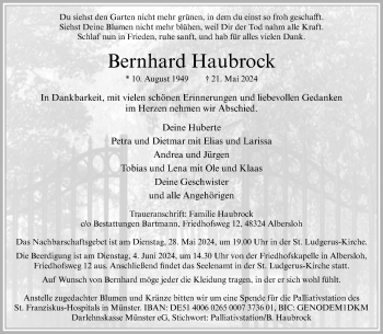 Anzeige von Bernhard Haubrock 