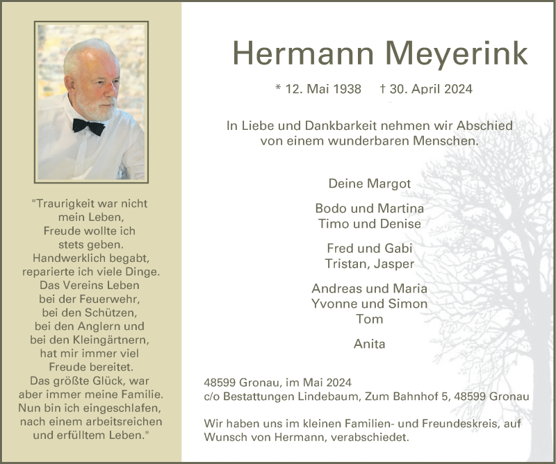  Traueranzeige für Hermann Meyerink vom 08.05.2024 aus 