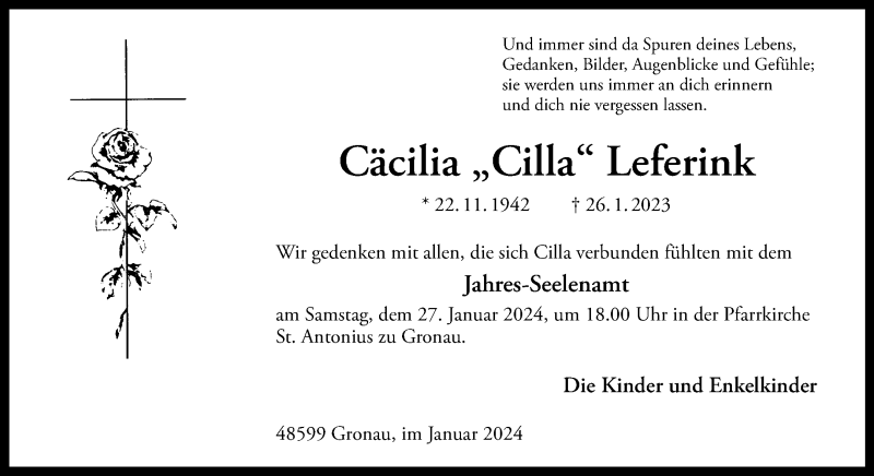 Traueranzeige für Cäcilia Leferink vom 24.01.2024 aus 