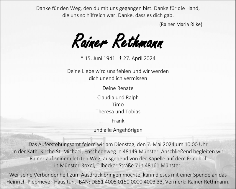  Traueranzeige für Rainer Rethmann vom 04.05.2024 aus 