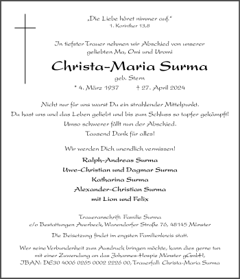 Anzeige von Christa-Maria Surma 