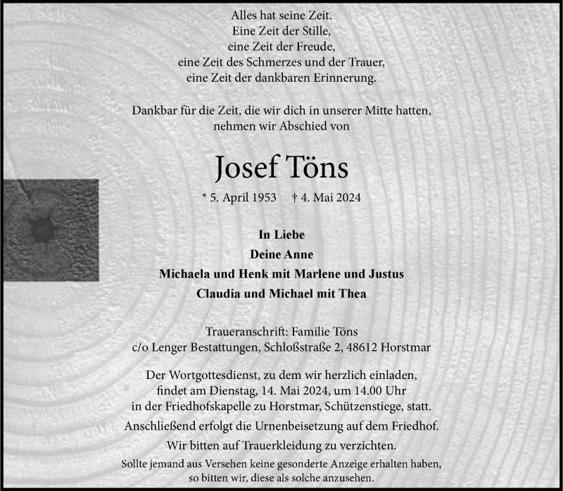 Traueranzeige für Josef Töns vom 11.05.2024 aus 