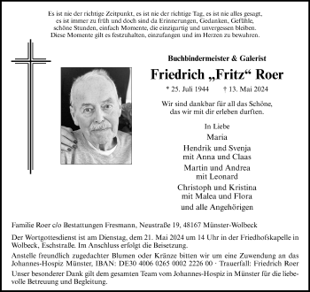 Anzeige von Friedrich Roer 