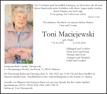 Anzeige von Toni Maciejewski 