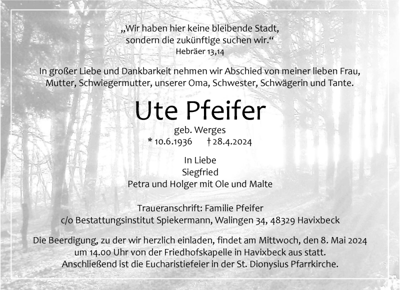  Traueranzeige für Ute Pfeifer vom 04.05.2024 aus 