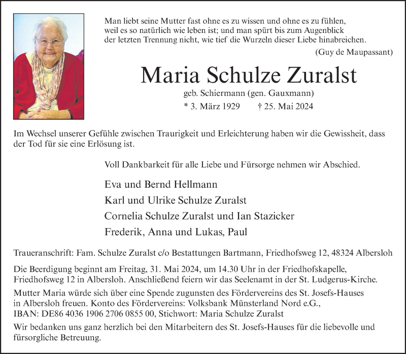  Traueranzeige für Maria Schulze Zuralst vom 29.05.2024 aus 