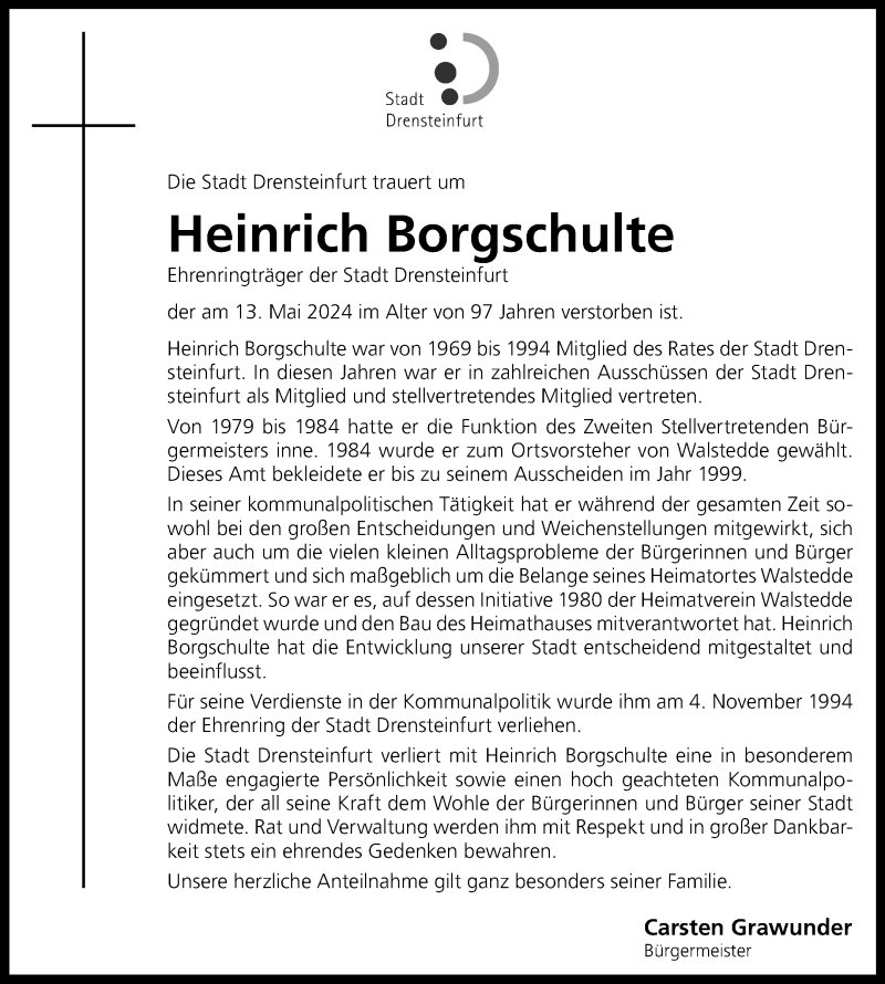  Traueranzeige für Heinrich Borgschulte vom 22.05.2024 aus 