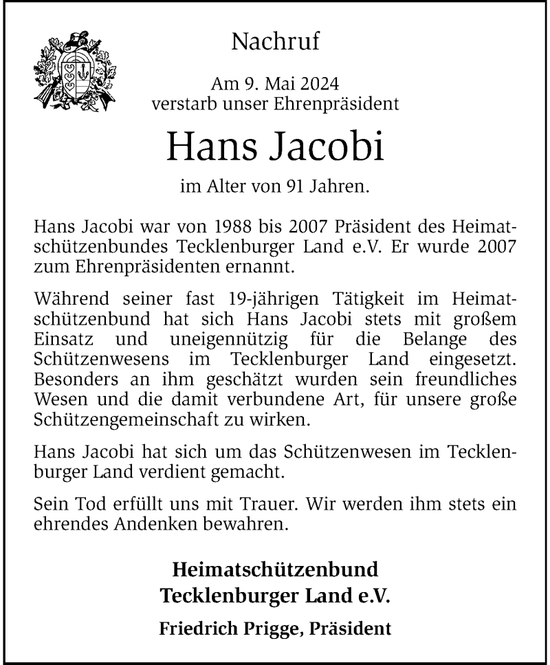  Traueranzeige für Hans Jacobi vom 15.05.2024 aus 